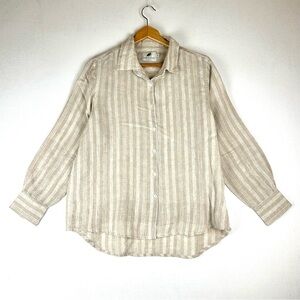 Fabulous‎ 100% Linen Stripe Button Down Shirt Resort Coastal Neutral